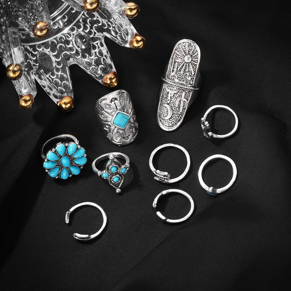 Retro Carved Turquoise 9-Piece Ring Set