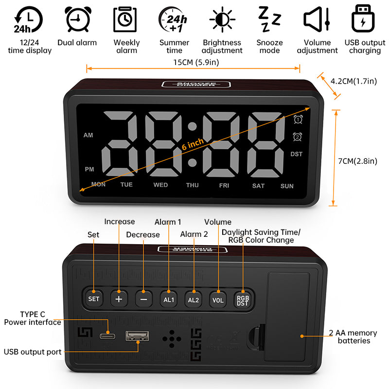 LED Wood-Grain Wooden Color-Changing Digital Clock