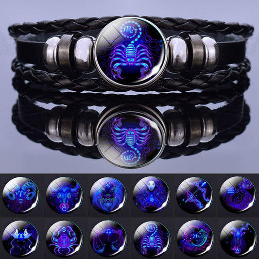12 Constellations Beaded Glow Leather Bracelet