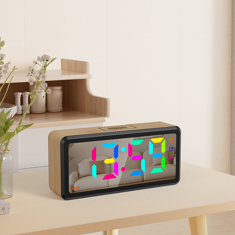 LED Wood-Grain Wooden Color-Changing Digital Clock