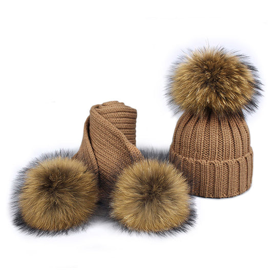 Children's Knitted Fur Pompom Hat and Scarf Set
