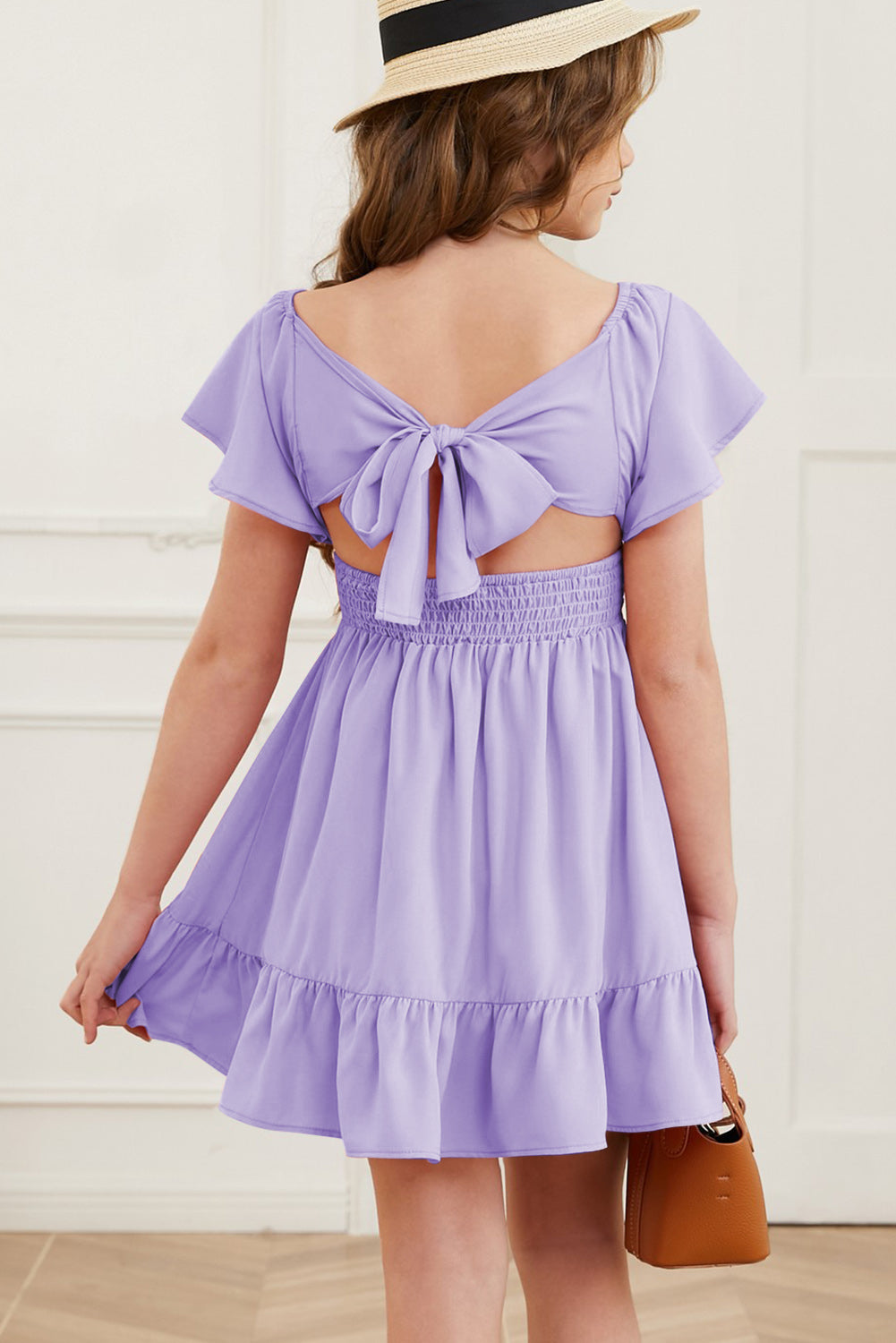 Girl's Ruffle Hem Tie-Back Flutter Sleeve Dress
