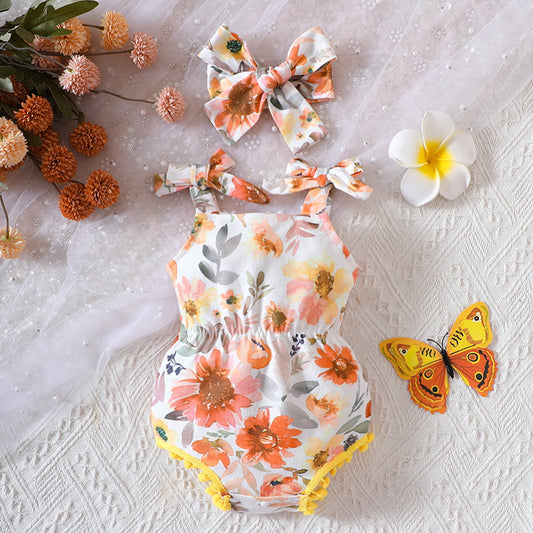 Girl's Infant/Toddler Floral Bow Pom-Pom Romper