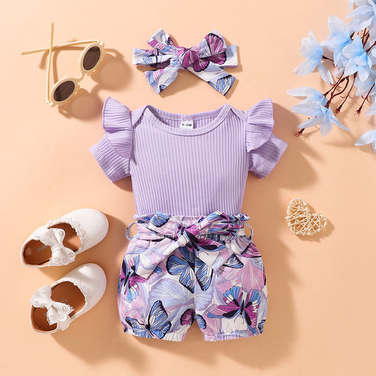 Girl's Infant/Toddler Ruffle Shoulder Bodysuit and Butterfly Print Shorts Set