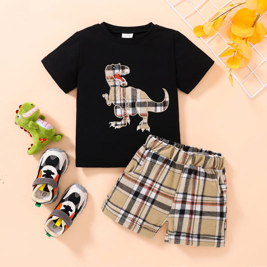 Boy's Dinosaur Graphic Tee and Plaid Shorts Set