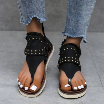 Women's Studded Raw Hem Flat Denim Sandals