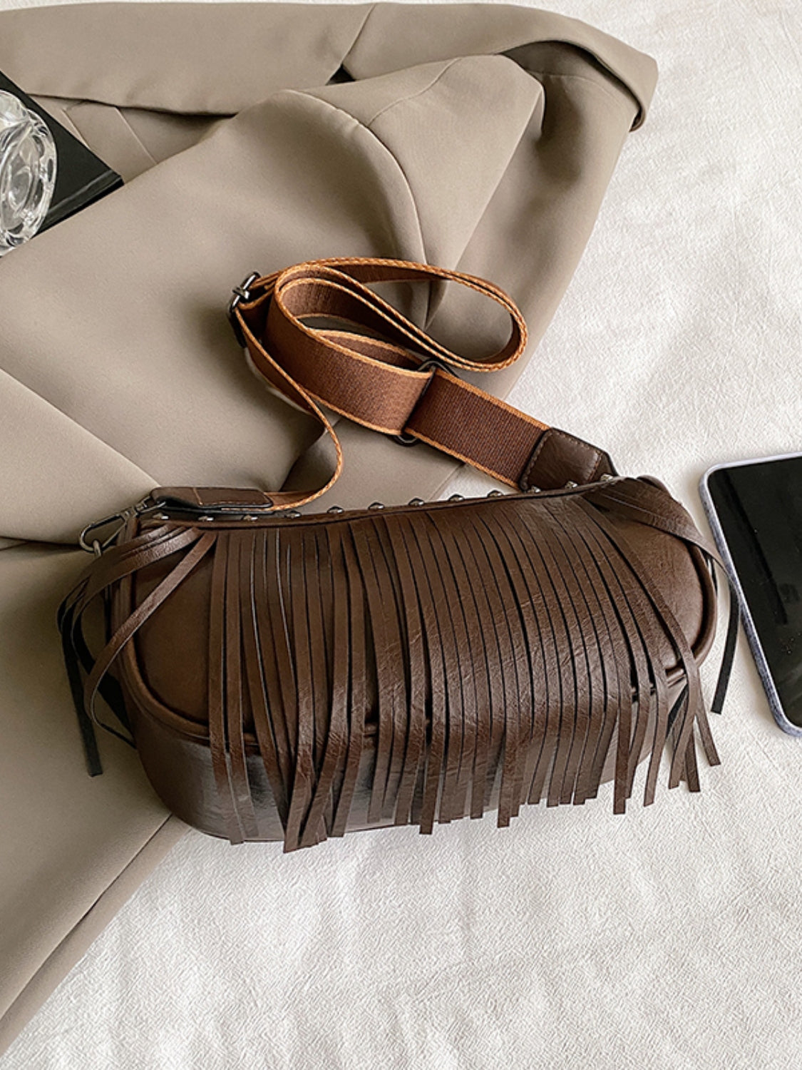 Leather Fringe Studded Crossbody Bag