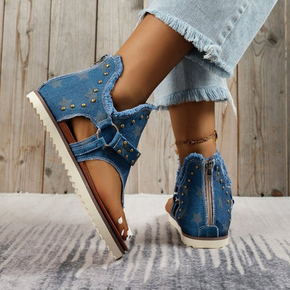 Women's Studded Raw Hem Flat Denim Sandals