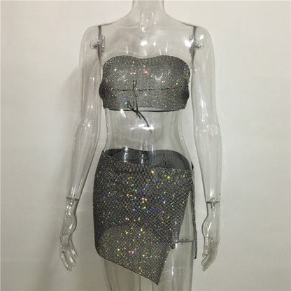 Women's Rhinestone Tube Top and Skirt Set