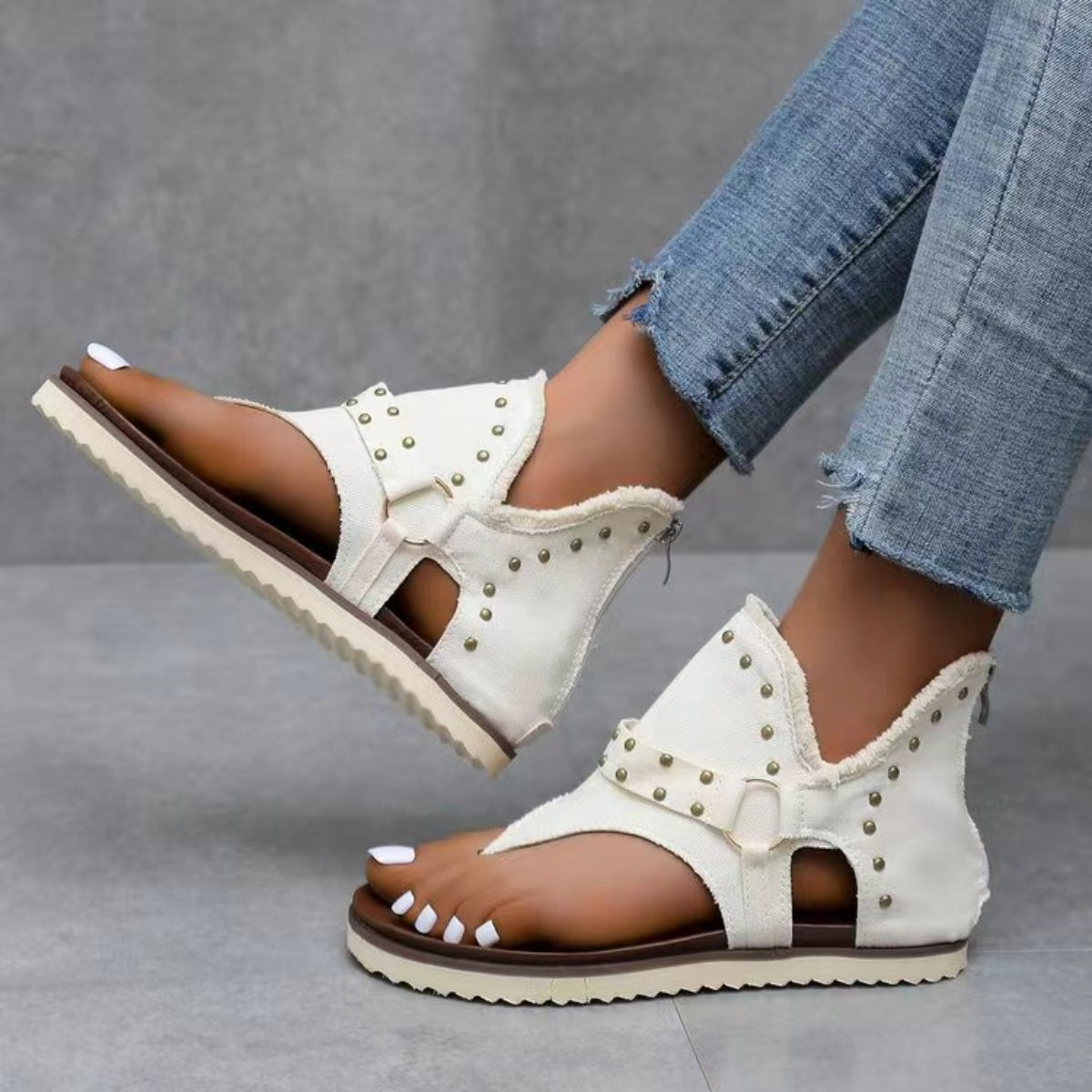 Women's Studded Raw Hem Flat Denim Sandals