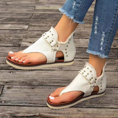 Women's Studded Raw Hem Flat Denim Sandals