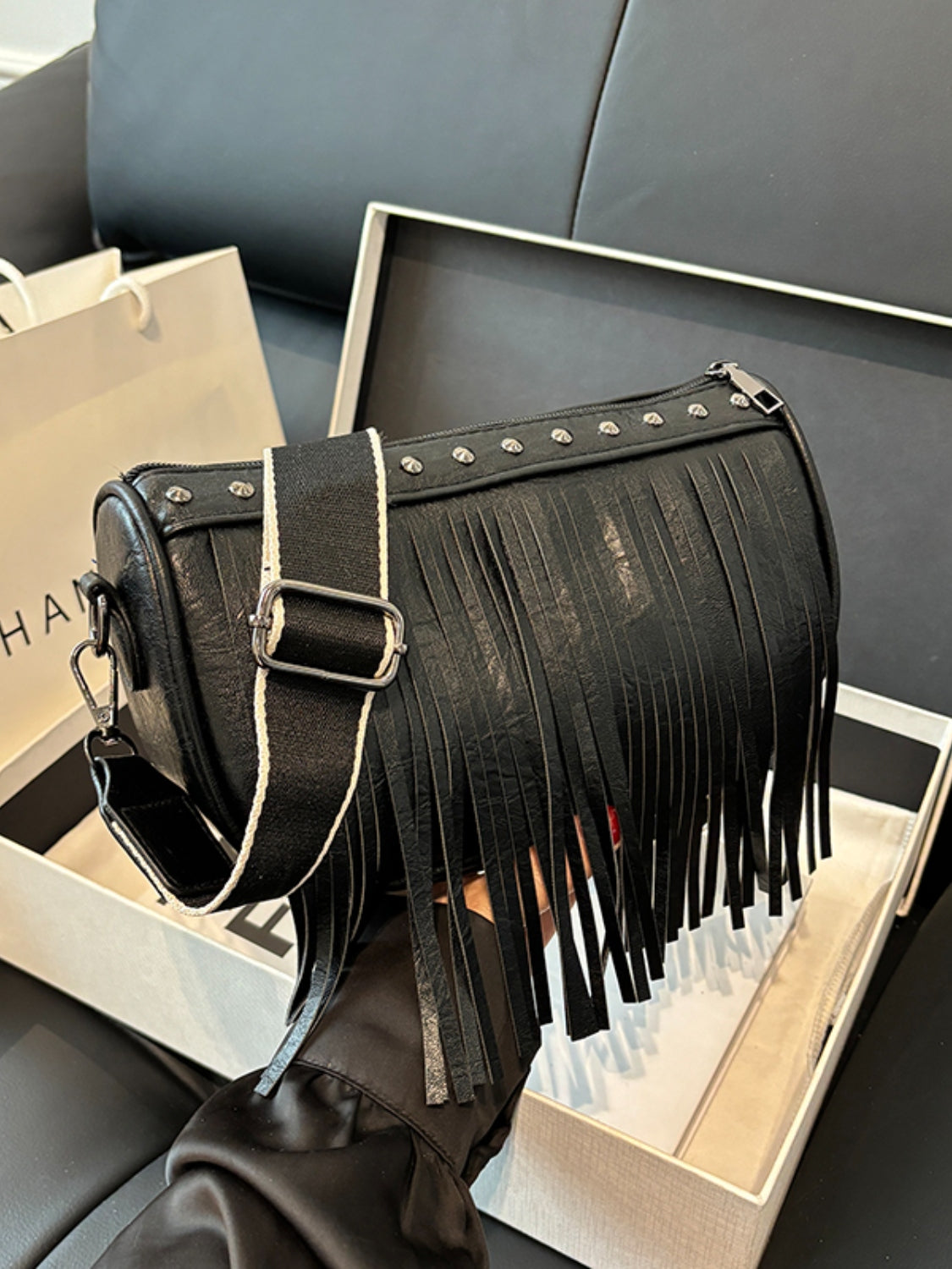 Leather Fringe Studded Crossbody Bag