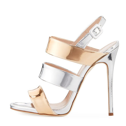 Women's Patent Leather Silver and Gold Strap High Heels