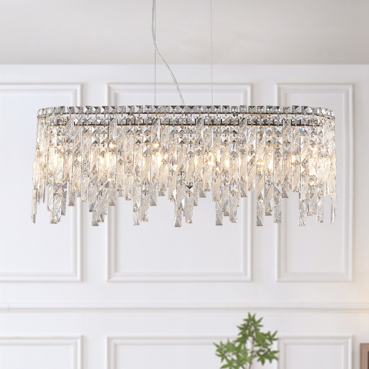 Silver elegant oval crystal pendant light, modern ceiling fixture with reflective suspended crystal (bulb not included)