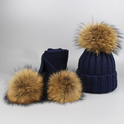 Children's Knitted Fur Pompom Hat and Scarf Set