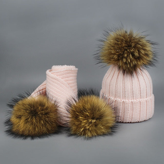 Children's Knitted Fur Pompom Hat and Scarf Set