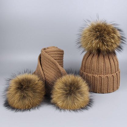 Children's Knitted Fur Pompom Hat and Scarf Set