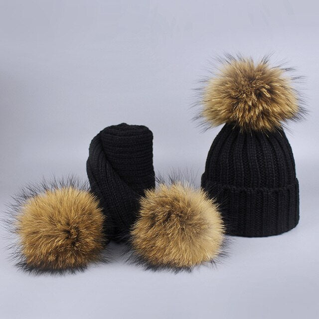 Children's Knitted Fur Pompom Hat and Scarf Set