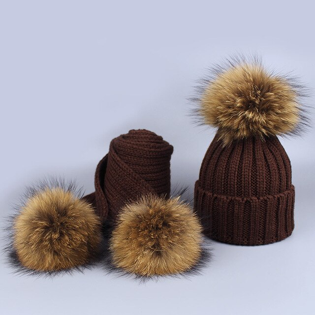 Children's Knitted Fur Pompom Hat and Scarf Set