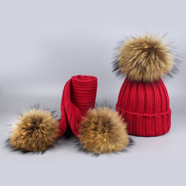 Children's Knitted Fur Pompom Hat and Scarf Set