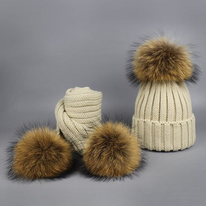 Children's Knitted Fur Pompom Hat and Scarf Set