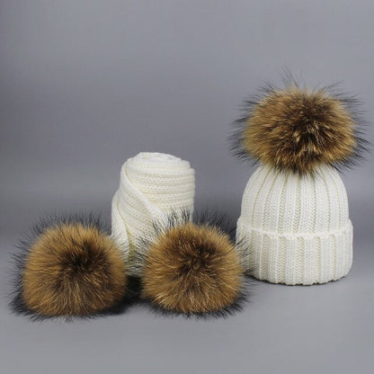 Children's Knitted Fur Pompom Hat and Scarf Set