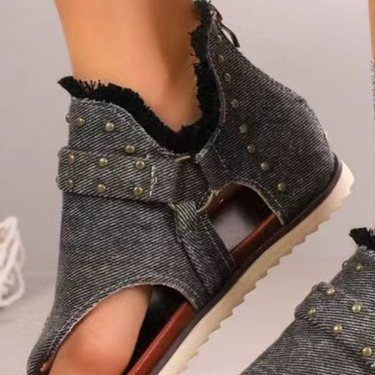 Women's Studded Raw Hem Flat Denim Sandals