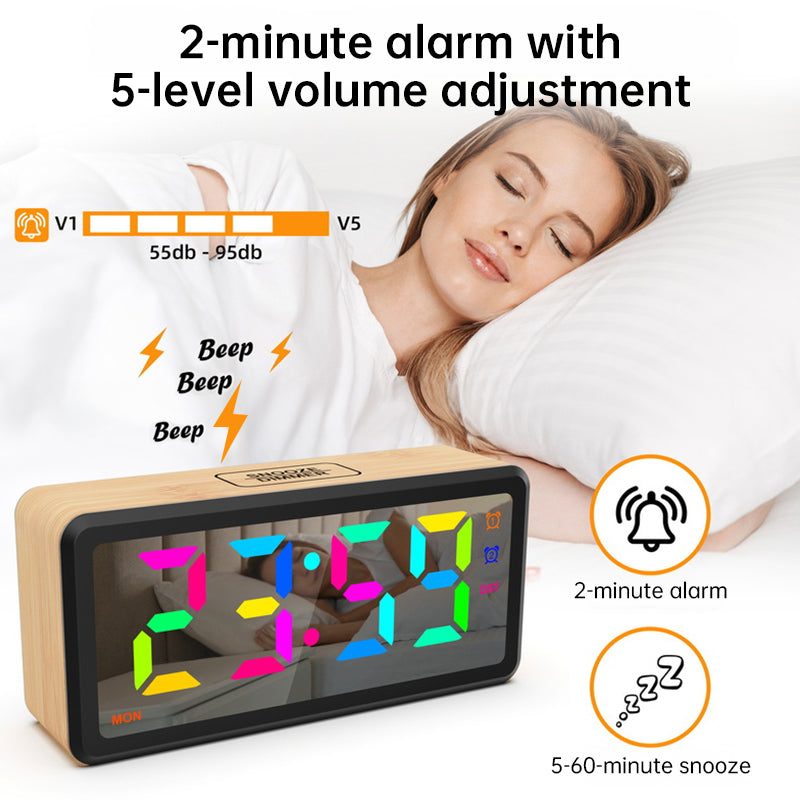 LED Wood-Grain Wooden Clock, RGB Color-Changing Dimming, Daylight Saving Time & Week Display, Desktop Electronic Alarm Clock