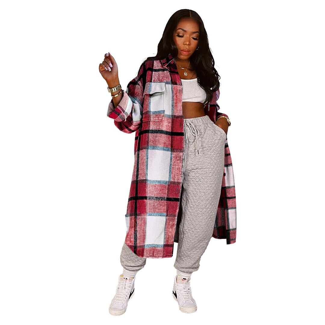 Women's Winter Long Plaid Jacket