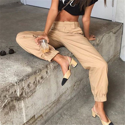 Women's High-Waist Elastic-Bottom Cargo Pants