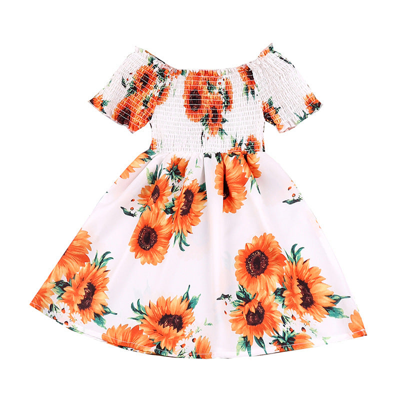 Girl's Sunflower Print Off the Shoulder Dress