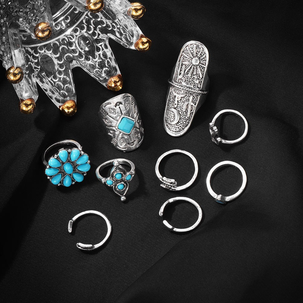 Retro Carved Turquoise 9-Piece Ring Set