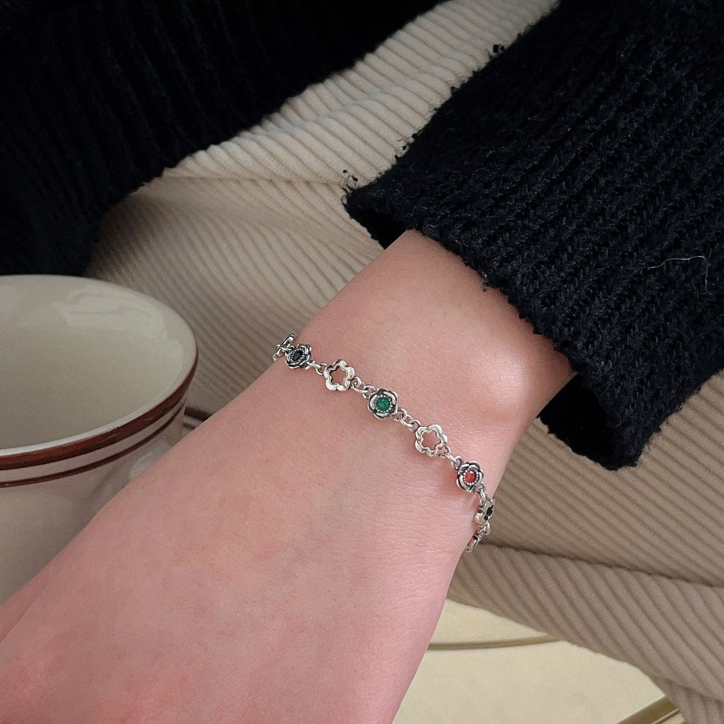 Women's 925 Silver CZ Rose Bracelet