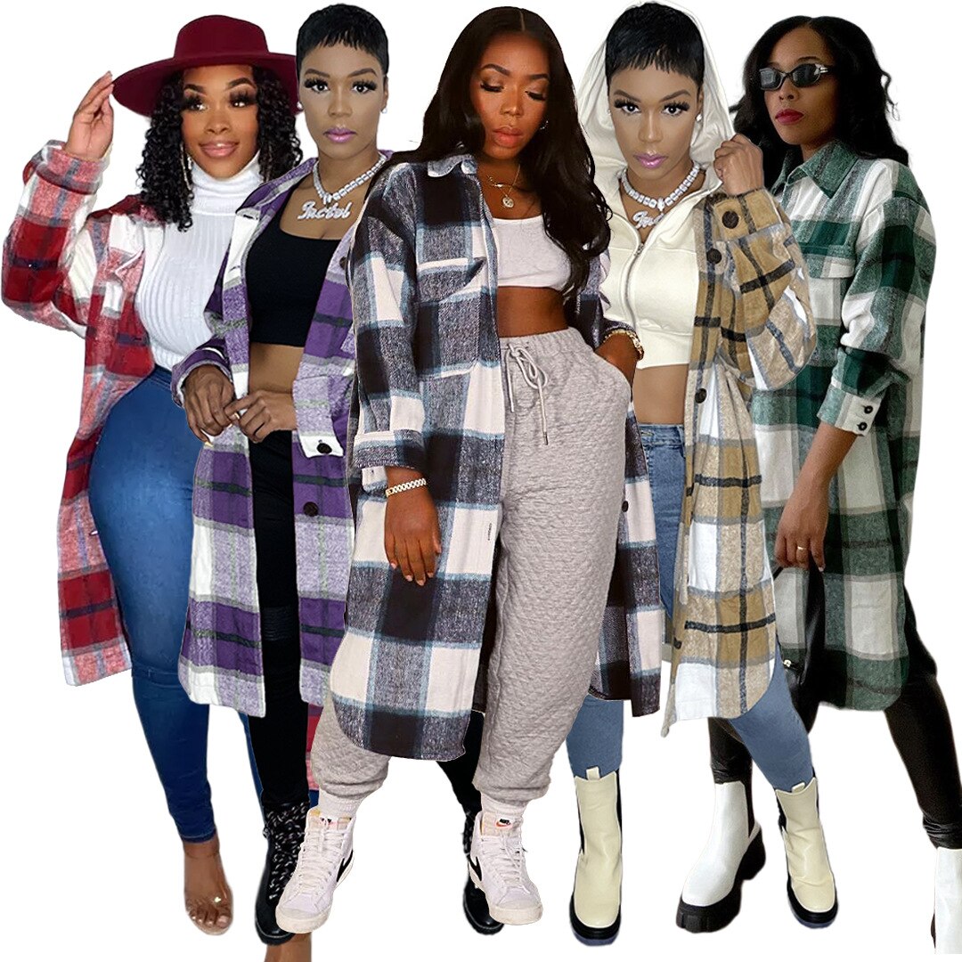 Women's Winter Long Plaid Jacket