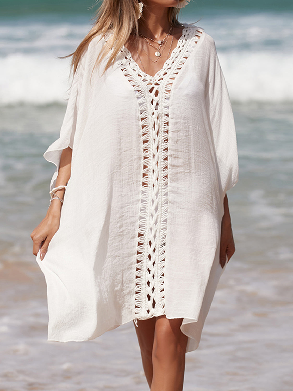 Women's Cutout V-Neck Three-Quarter Sleeve Cover Up