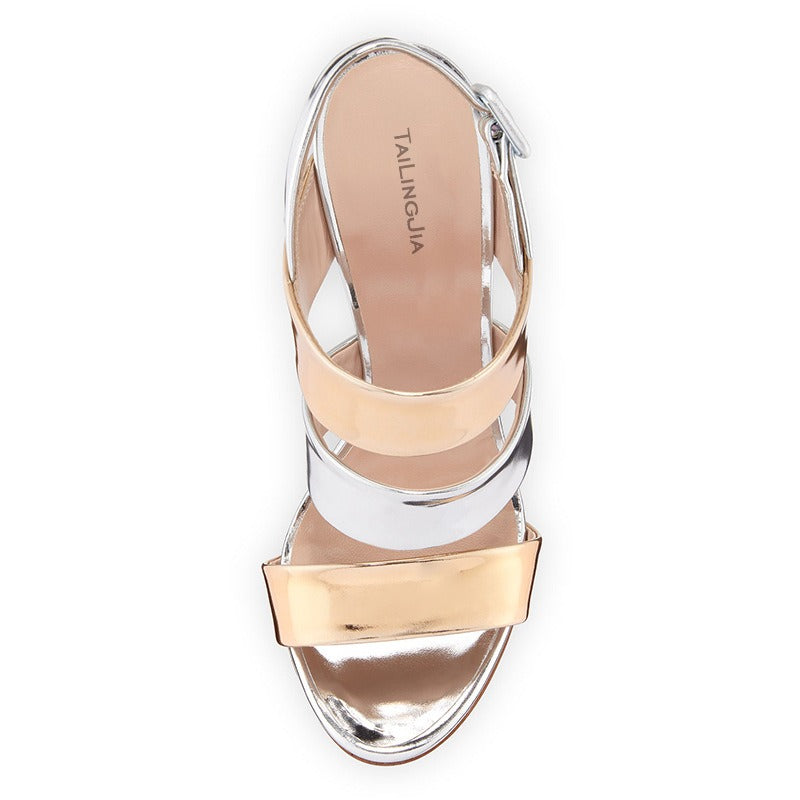 Women's Patent Leather Silver and Gold Strap High Heels