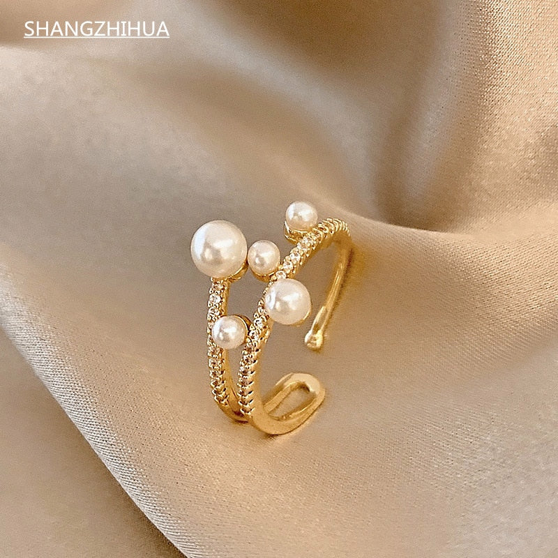 Women's Exquisite Double-Deck Adjustable Pearl Ring