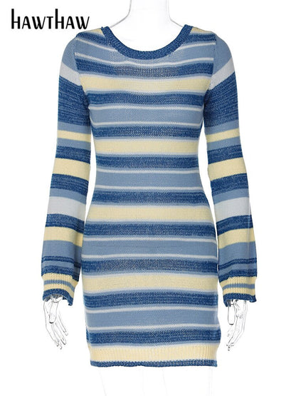 Women's Bodycon Striped Knitted Sweater Dress