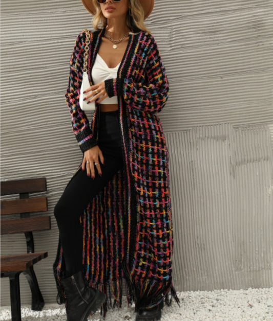 Women's Long Plaid Tassel Boho Cardigan