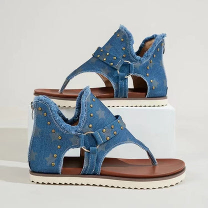 Women's Studded Raw Hem Flat Denim Sandals