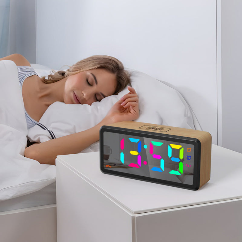 LED Wood-Grain Wooden Clock, RGB Color-Changing Dimming, Daylight Saving Time & Week Display, Desktop Electronic Alarm Clock