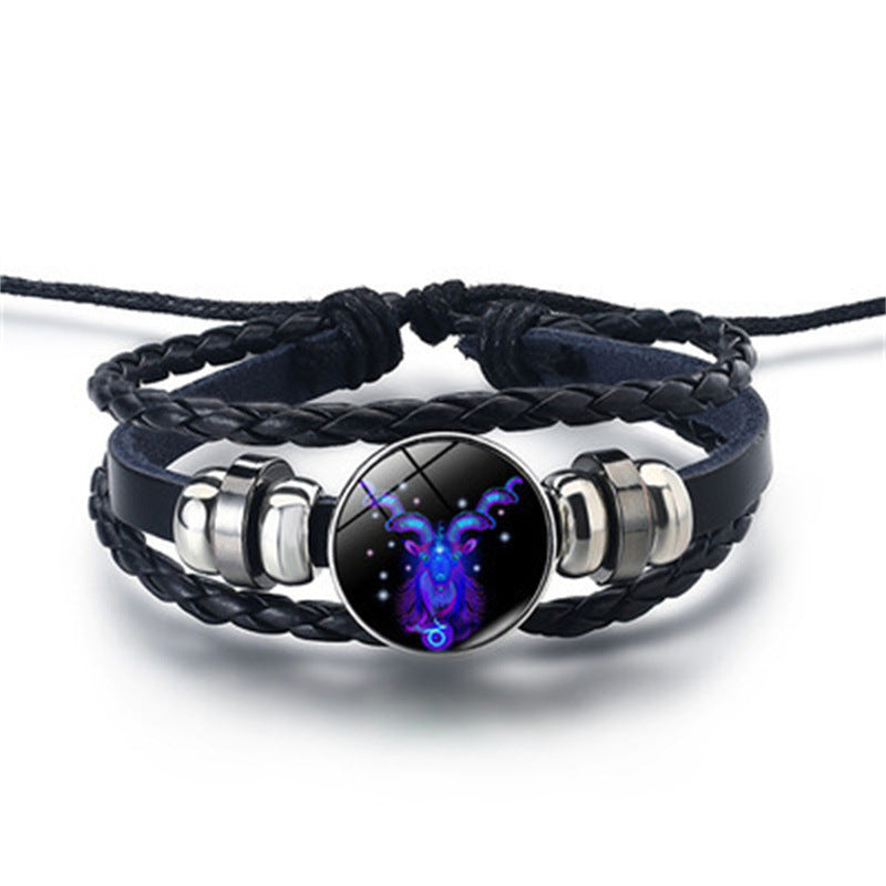 12 Constellations Beaded Glow Leather Bracelet