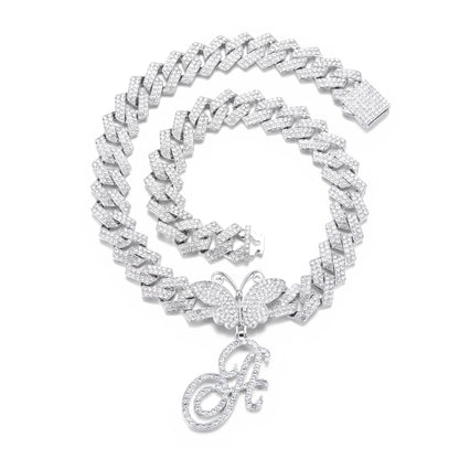 Women's 18inch Cuban Chain Butterfly Initial Necklace