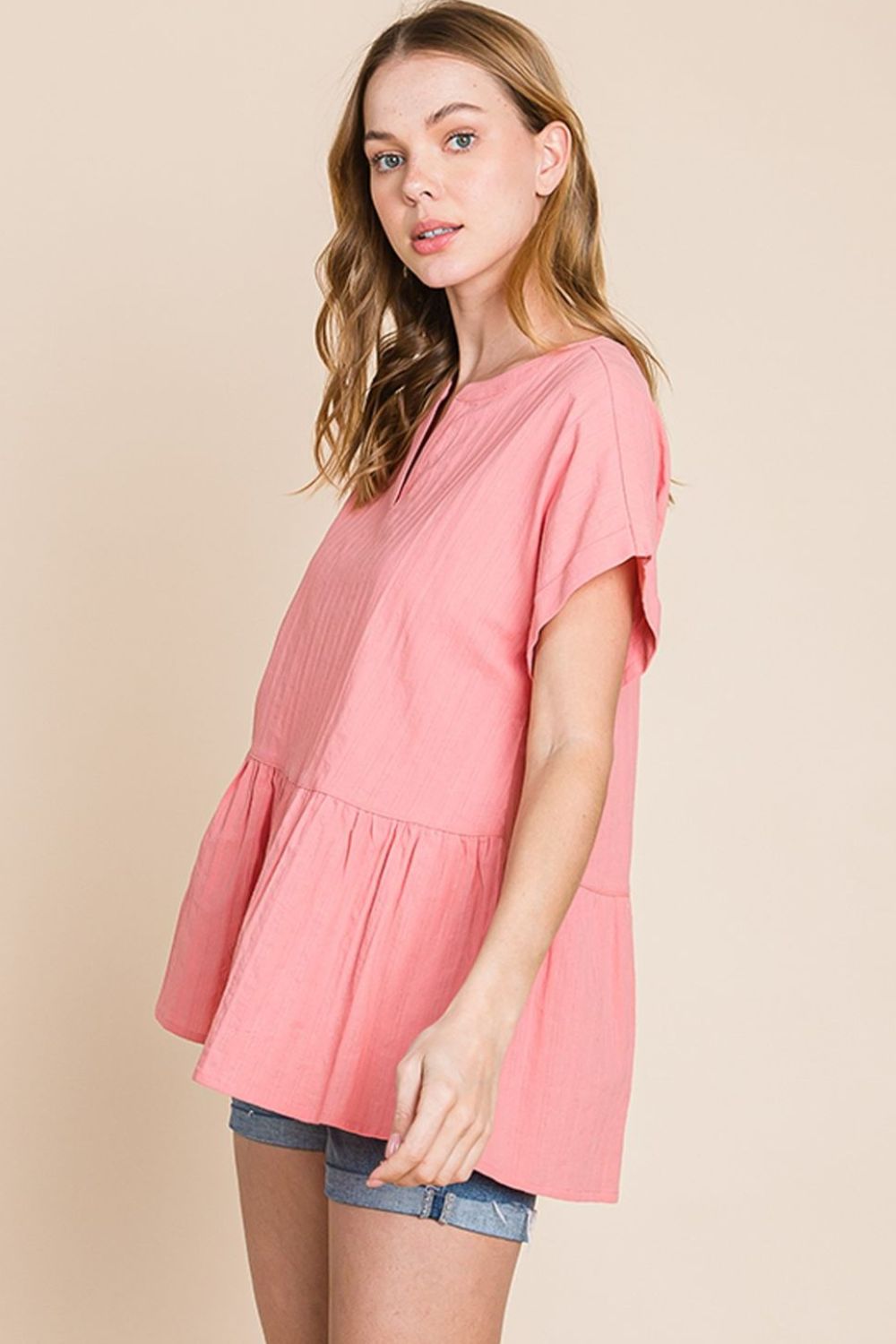 Women's Notched Short Sleeve Peplum Top