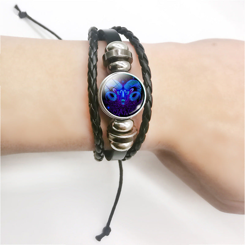 12 Constellations Beaded Glow Leather Bracelet