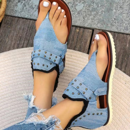 Women's Studded Raw Hem Flat Denim Sandals