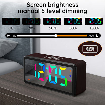 LED Wood-Grain Wooden Clock, RGB Color-Changing Dimming, Daylight Saving Time & Week Display, Desktop Electronic Alarm Clock