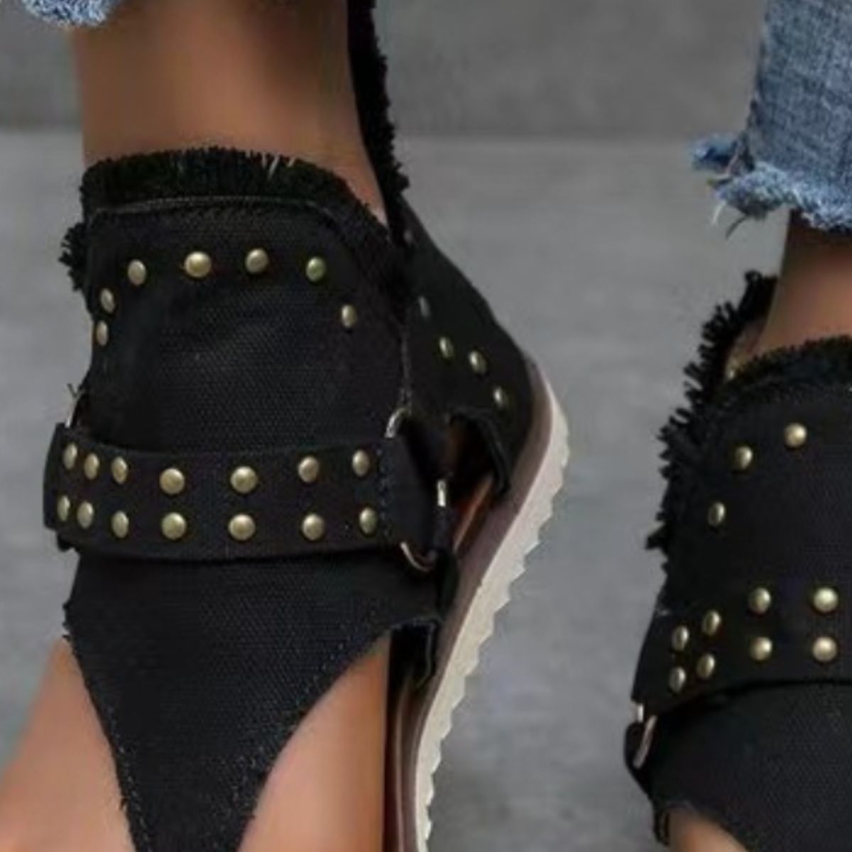 Women's Studded Raw Hem Flat Denim Sandals