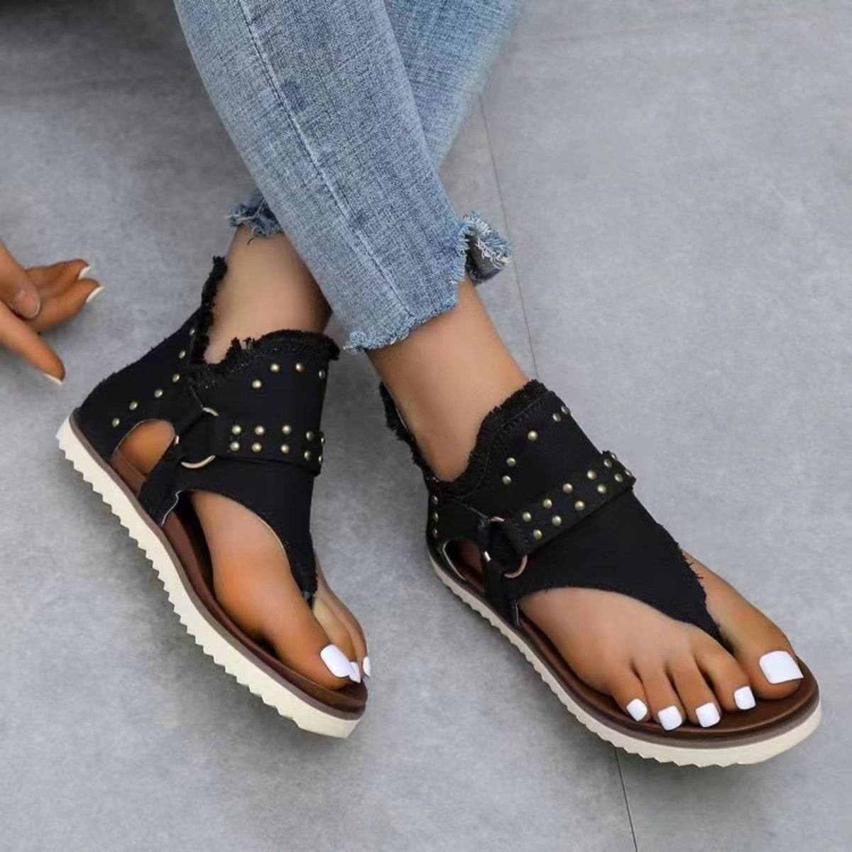 Women's Studded Raw Hem Flat Denim Sandals