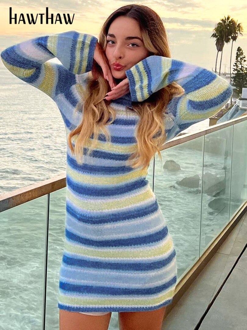 Women's Bodycon Striped Knitted Sweater Dress